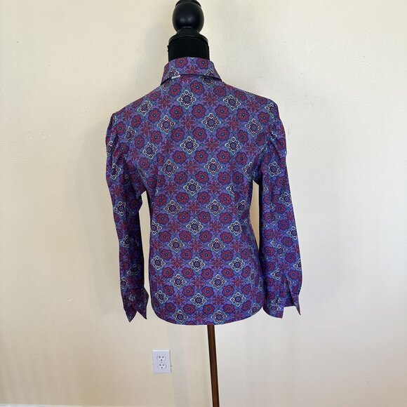 Vtg Womens Purple Blouse Large Purple Geometric Button Up Neck Tie 1980s Poly - Picture 10 of 12
